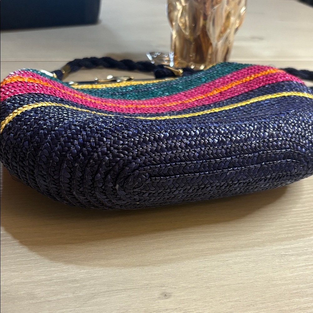 Vintage Multicolor Woven Straw Shoulder Bag – Brass Frame &‎ Braided Strap - Picture 13 of 16